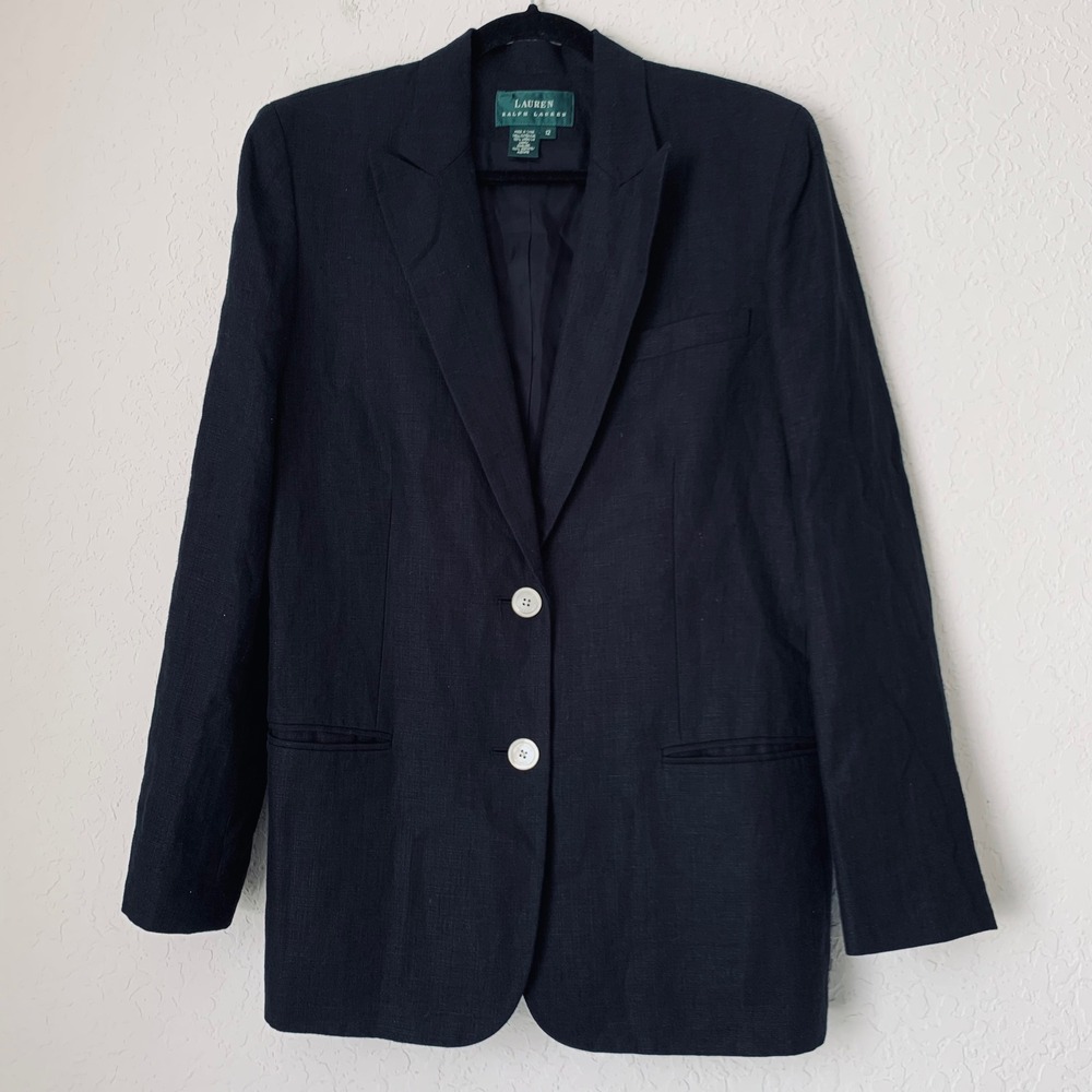 Vintage Lauren Ralph Lauren Blazer 100% Linen Women 12 Black Quiet Luxury Preppy